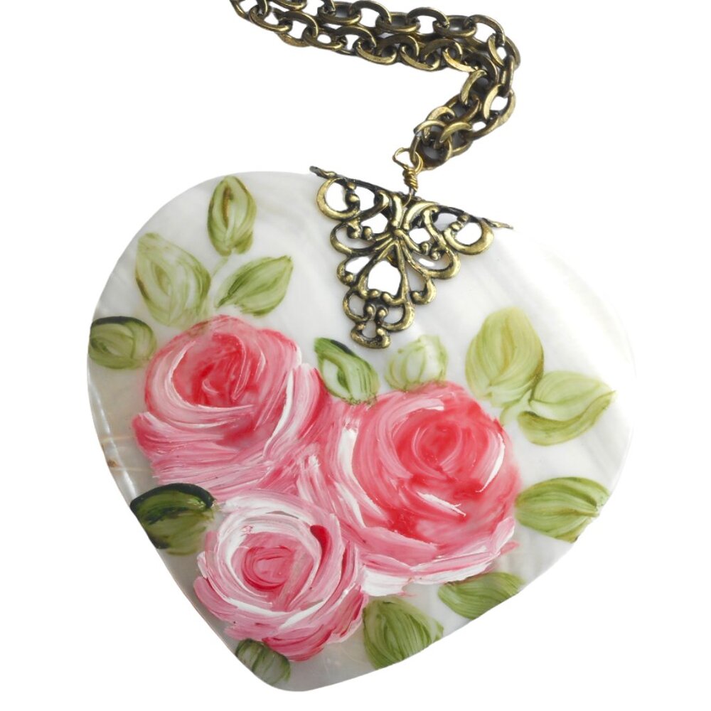 NEW Large Long Shell Heart Pendant Necklace Hand Painted Roses Romantic Jewelry